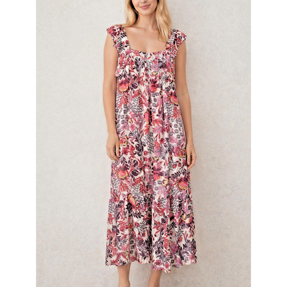 NWT KNOX ROSE Flutter Sleeve Square Neckline Tiered Maxi Dress XL Boho Cottage